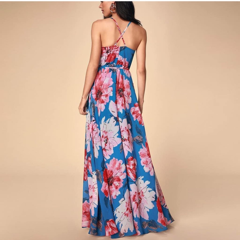 NWT Lulu's Elegantly Inclined Blue and Pink Floral Wrap Maxi Dress - Picture 12 of 12